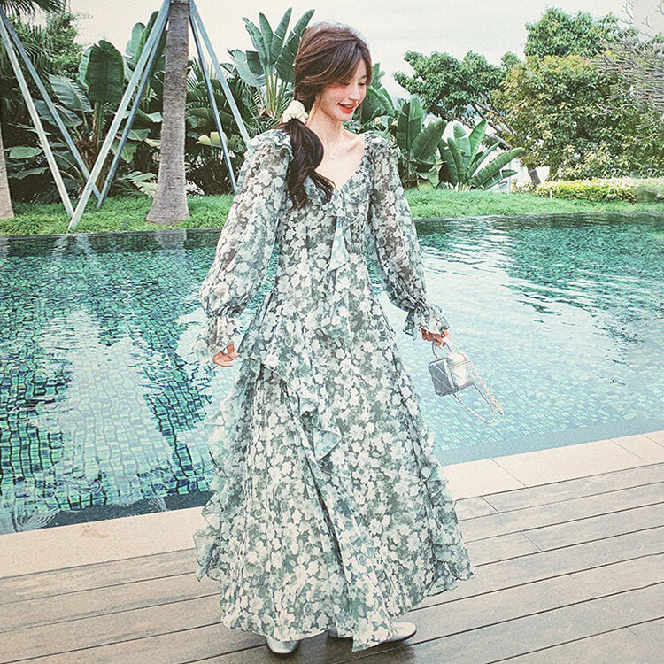 【ワンピース】森系花柄シフォン長袖ワンピース レディース 春夏秋 薄手 ウエストマーク Aライン ロング丈【SHシリーズ】