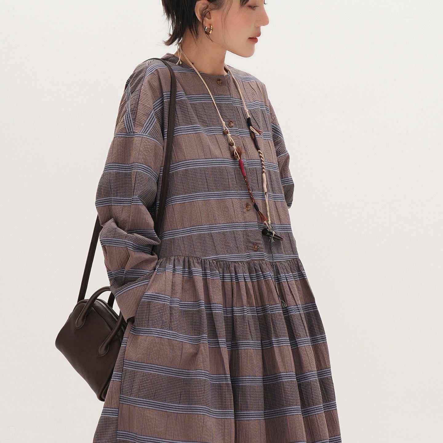 【ワンピース】春 秋 チェック柄 着痩せ効果 ミディ丈 ニッチ 長袖 ワンピース 【JZシリーズ】