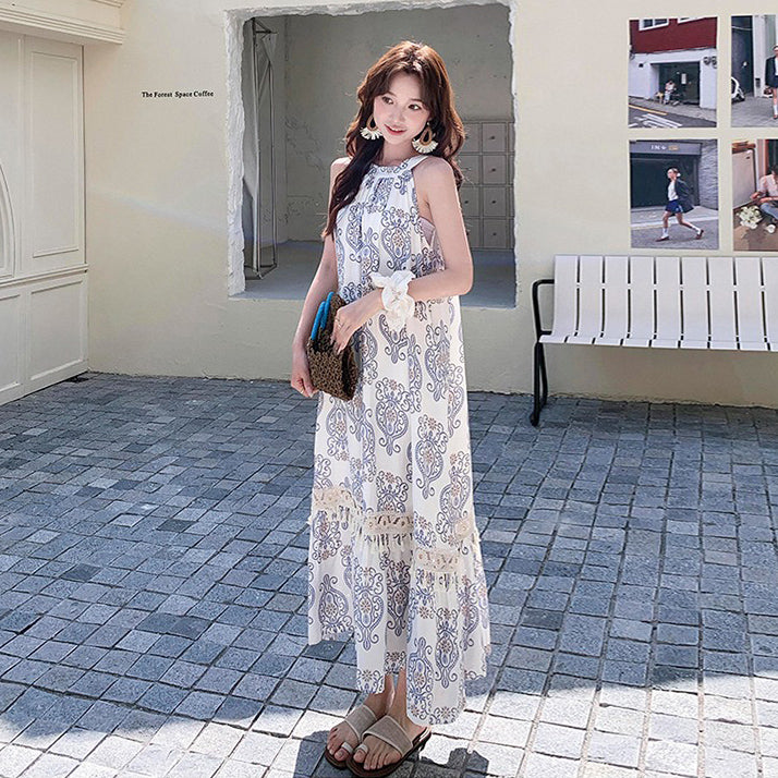 【ワンピース】高級感 青花瓷プリント 夏 刺繍 フリンジ ドレープ ノースリーブワンピース【SHシリーズ】