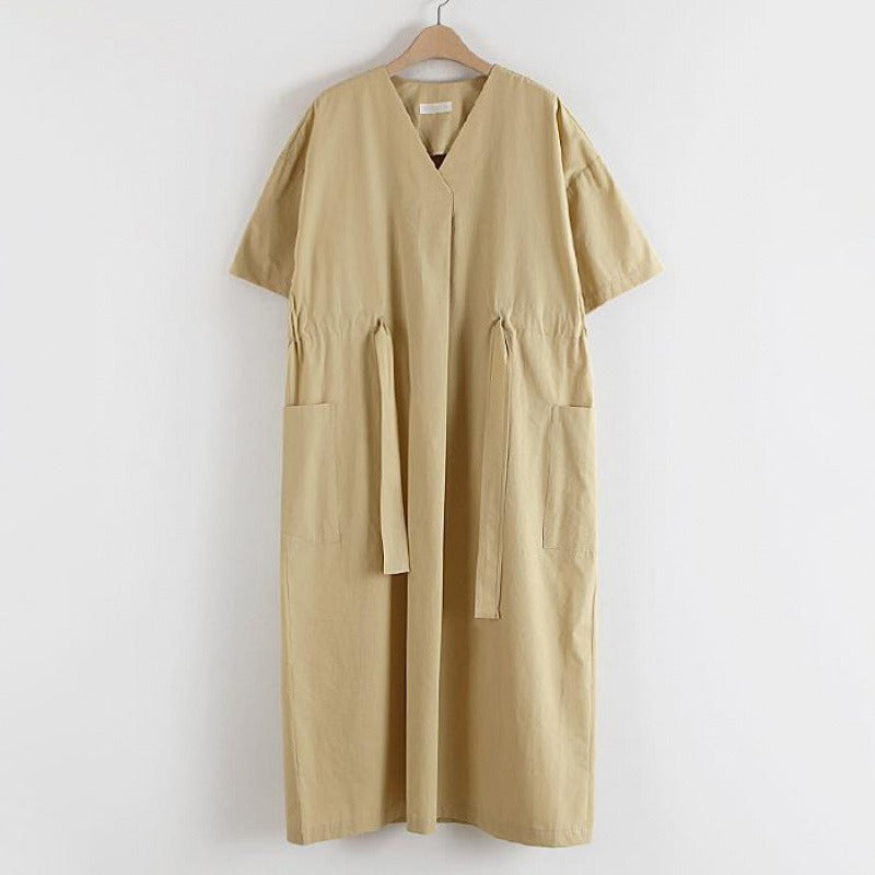 【ワンピース】🌼韓国風 春夏 大きいサイズ ワンピース 半袖 カジュアル ゆったり ポケット付き ウエストシェイプ レディース【JZシリーズ】