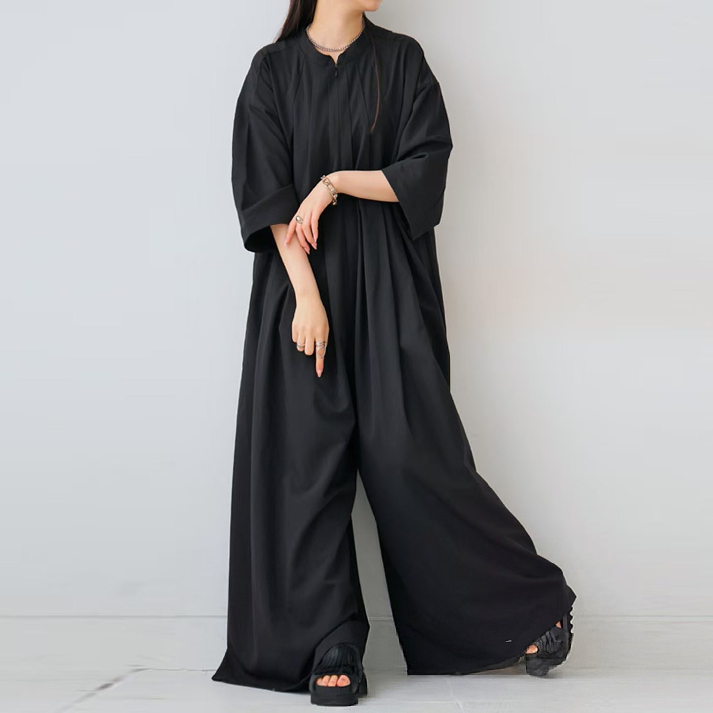 【ボトムス】日系スタンドカラーワンピース風オールインワン｜七分袖×ナチュラル可愛い大人シルエット