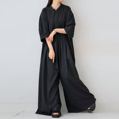 【ボトムス】日系スタンドカラーワンピース風オールインワン｜七分袖×ナチュラル可愛い大人シルエット