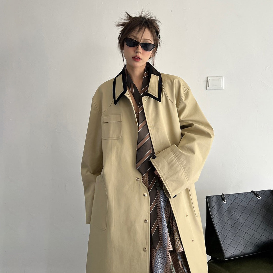 【アウター】春秋新作 INS風 ミドル丈 デザイン感 不規則 カーキ トレンチコート レディース【FCシリーズ】