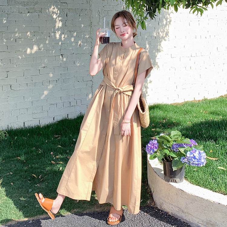 【ワンピース】カジュアル スリム見え カーキ シャツワンピース レディース 夏 ロング丈 個性的で美しい 気品あるおしゃれスタイル【JZシリーズ】
