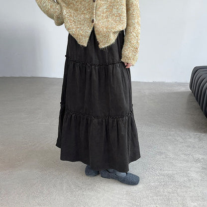 【ボトムス】韓国風 フリルプリーツスカート レディース ウエストゴム Aライン ロング【JZシリーズ】