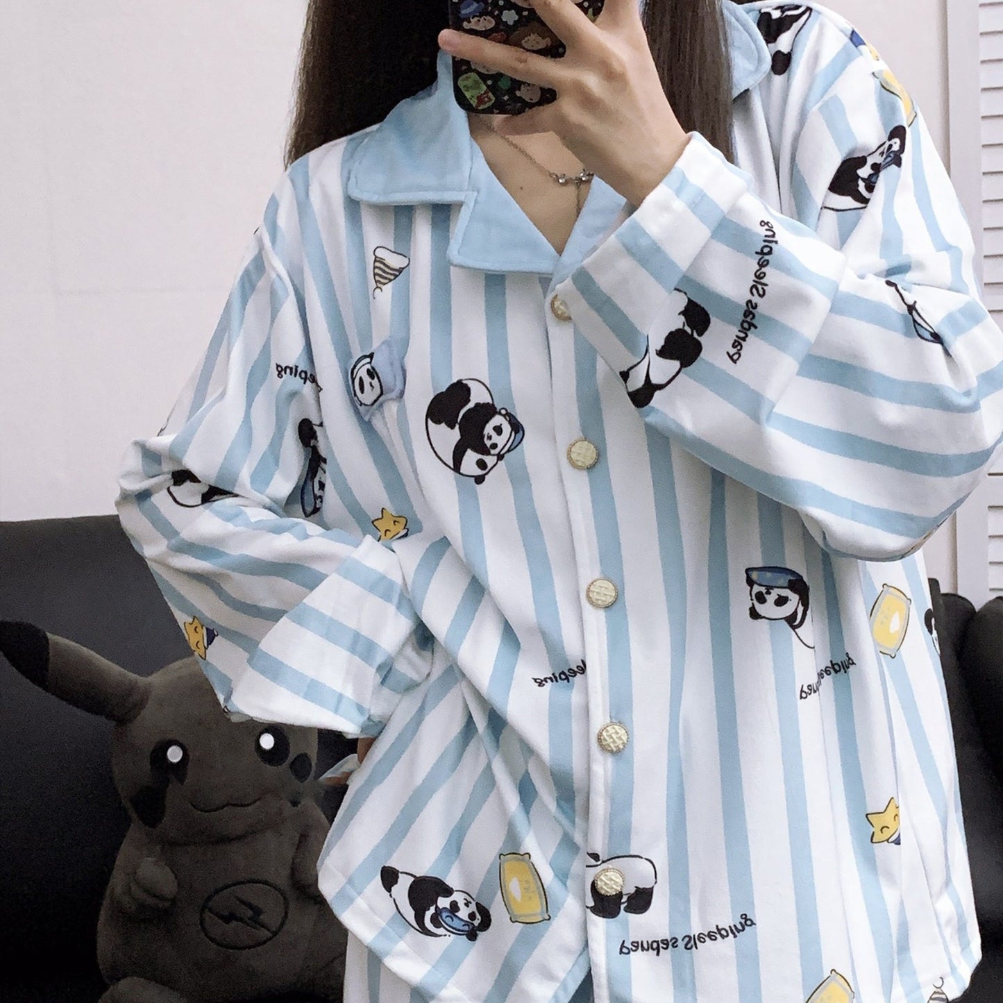 【インナー】かわいいパンダ ストライプ柄 アイランドフリース 薄手 ルームウェア レディース 秋冬