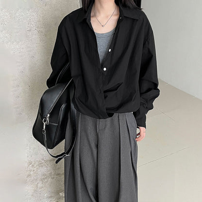 【トップス】韓国風 高品質 Vネック レイヤードシャツ レディース 秋 ゆるカジュアル デザイン感 裾ウエストマーク ブラウス【SNシリーズ】