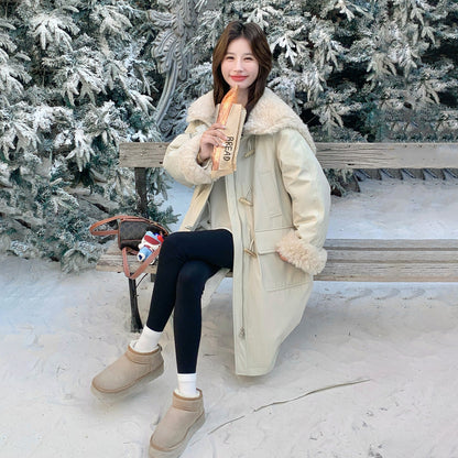 【アウター】大きめファーカラー ボアパーカー ダウンコート レディース 冬 トグルボタン ミディ丈【JZシリーズ】