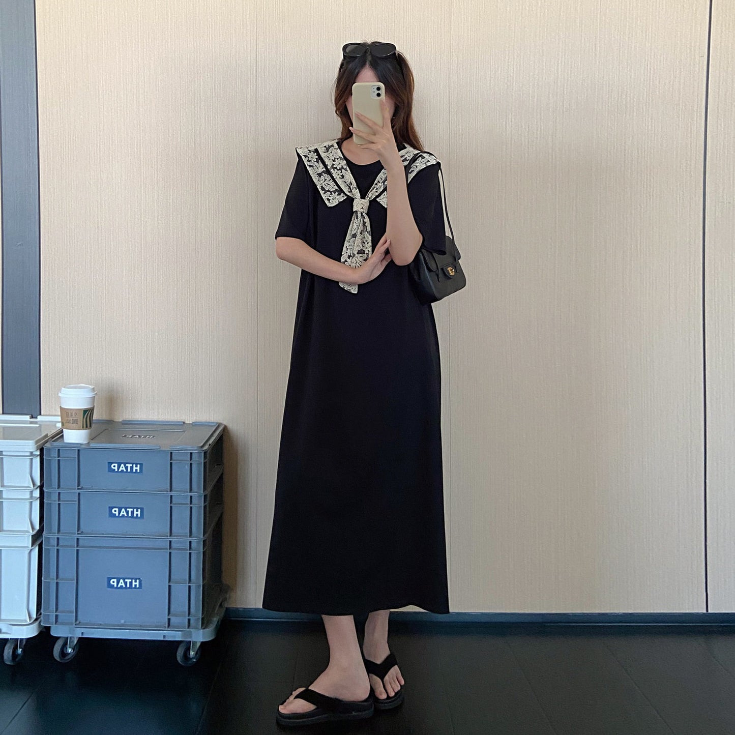 【ワンピース】フレンチ風ブラックワンピース レディース 夏 ケープデザイン 半袖  シンプル上品 ロング丈 大人可愛い【JZシリーズ】