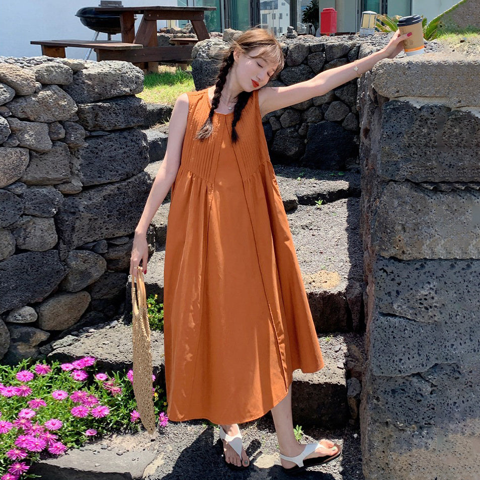 【ワンピース】リゾートワンピース ノースリーブ オレンジカラー ゆったりシルエット 上品 夏 海辺 ビーチコーデ【JZシリーズ】