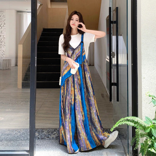 【ボトムス】夏 フレンチバカンス風 タイダイ油絵プリント オールインワン【SHシリーズ】