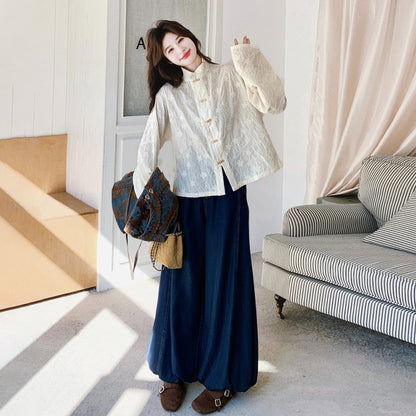 3点セット！【セットアップ】メラードジャカード×配色 ベスト＋中国風シャツ＋ワイドデニムパンツ 上下セット レディース 早春・秋 サン系コーデ【SHシリーズ】