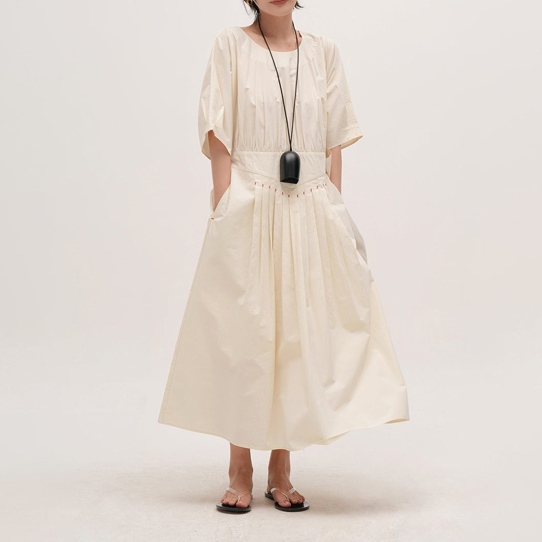 【ワンピース】ウォッシュド 高密度綿 半袖ワンピース レディース 小众デザイン 夏用 薄手 ロングドレス【JZシリーズ】