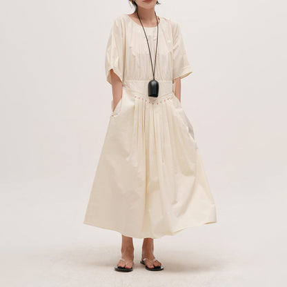 【ワンピース】ウォッシュド 高密度綿 半袖ワンピース レディース 小众デザイン 夏用 薄手 ロングドレス【JZシリーズ】