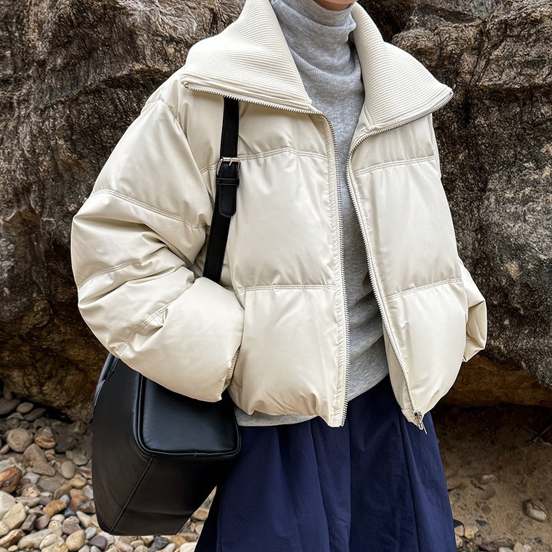 【アウター】冬新作 PUレザー切り替え ダウンコート レディース ショート丈 ホワイトダックダウン【JZシリーズ】