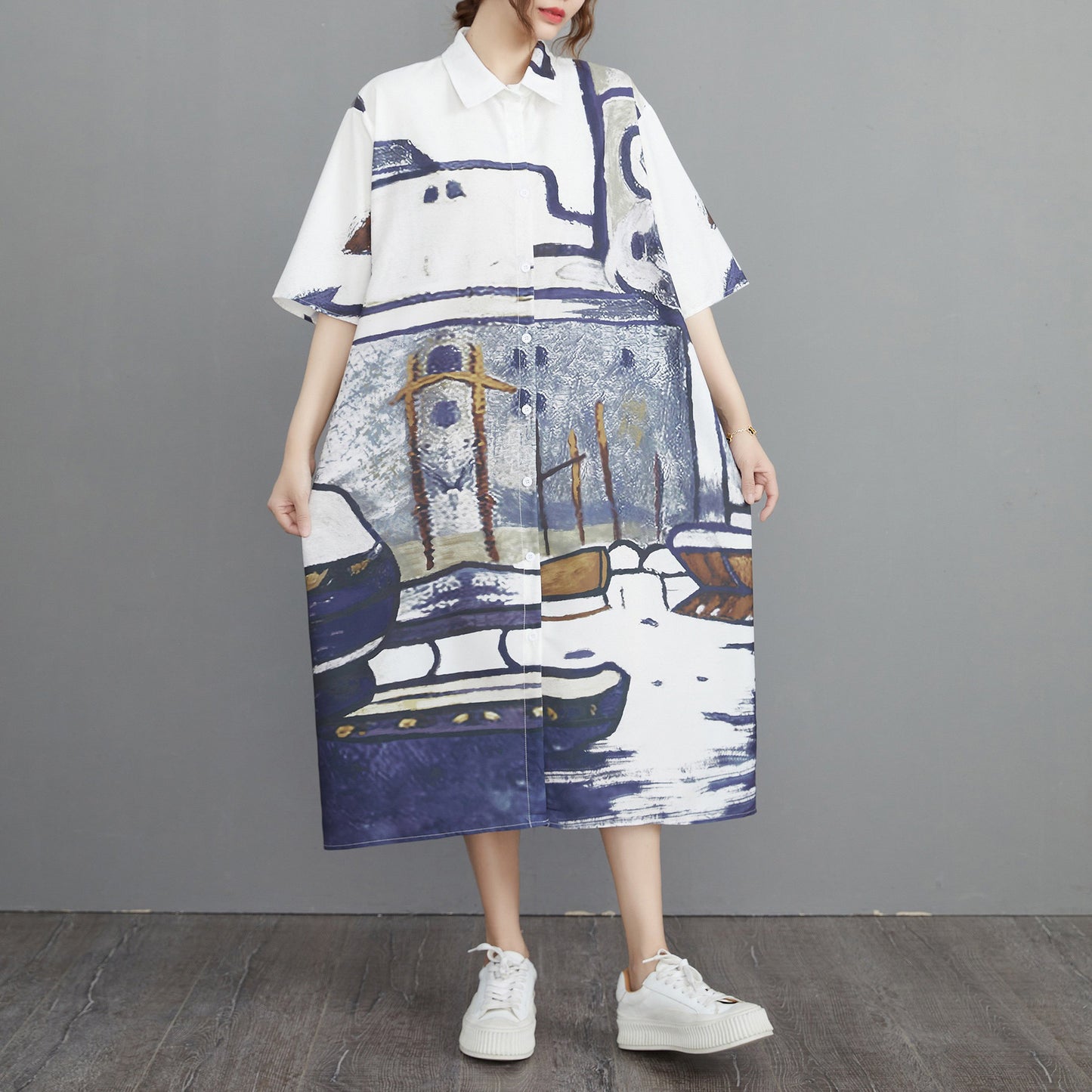 期間限定⭐60%OFF【ワンピース】着痩せ ワンピース 大きいサイズ シャツドレス レトロ柄 半袖 夏 ゆるシルエット ウエストマーク Aライン ロング丈 新作 お洒落 カジュアル【SHシリーズ】