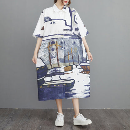 期間限定⭐60%OFF【ワンピース】着痩せ ワンピース 大きいサイズ シャツドレス レトロ柄 半袖 夏 ゆるシルエット ウエストマーク Aライン ロング丈 新作 お洒落 カジュアル【SHシリーズ】