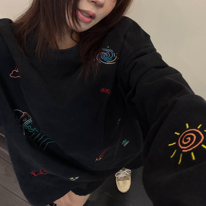【トップス】ヴィンテージ刺繍グラフィックロンT レディース ウォッシュ加工 リラックス 秋コーデ 長袖Tシャツ【FCシリーズ】