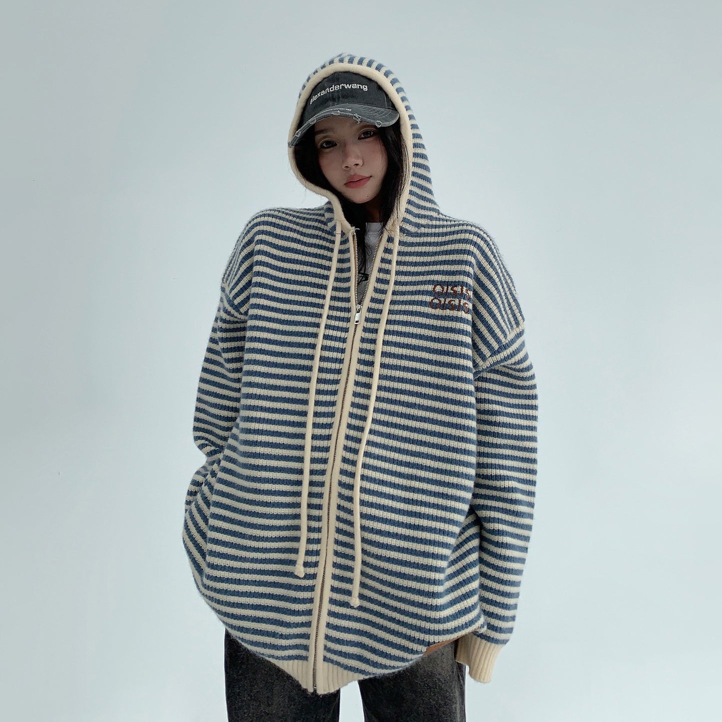 【トップス】ゆるレトロ感♡厚手ボーダーニットパーカー カーディガン レディース 冬の定番アイテム【FCシリーズ】