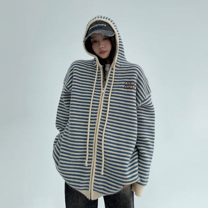 【トップス】ゆるレトロ感♡厚手ボーダーニットパーカー カーディガン レディース 冬の定番アイテム【FCシリーズ】