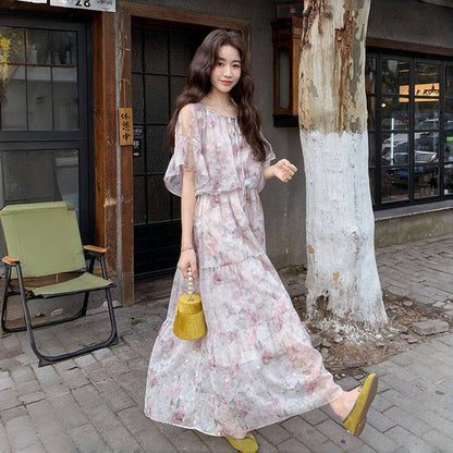 【ワンピース】フレンチ オフショルダー フリルスリーブ 花柄ワンピース 夏 高見え ロングドレス【SHシリーズ】