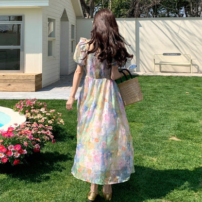 【ワンピース】フラワープリント パフスリーブワンピース レディース 夏 フレンチ Vネック ティアード ロング丈 上品 半袖【SHシリーズ】