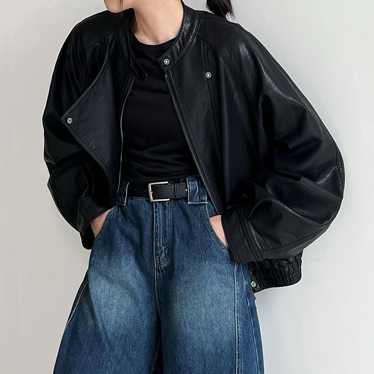 【アウター】韓系ハイエンド感 バイカージャケット レディース 秋新作 ゆったりショート丈 PUレザージャケット【SNシリーズ】