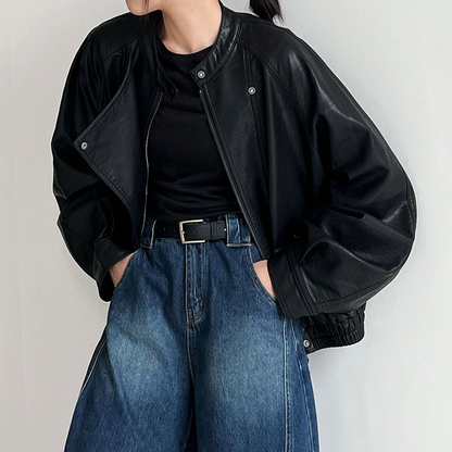 【アウター】韓系ハイエンド感 バイカージャケット レディース 秋新作 ゆったりショート丈 PUレザージャケット【SNシリーズ】