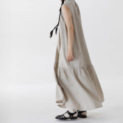 【ワンピース】先染め リネン混 ストライプ ノースリーブワンピース レディース バックスリット フィッシュテール ロングワンピース ゆったり 体型カバー【JZシリーズ】