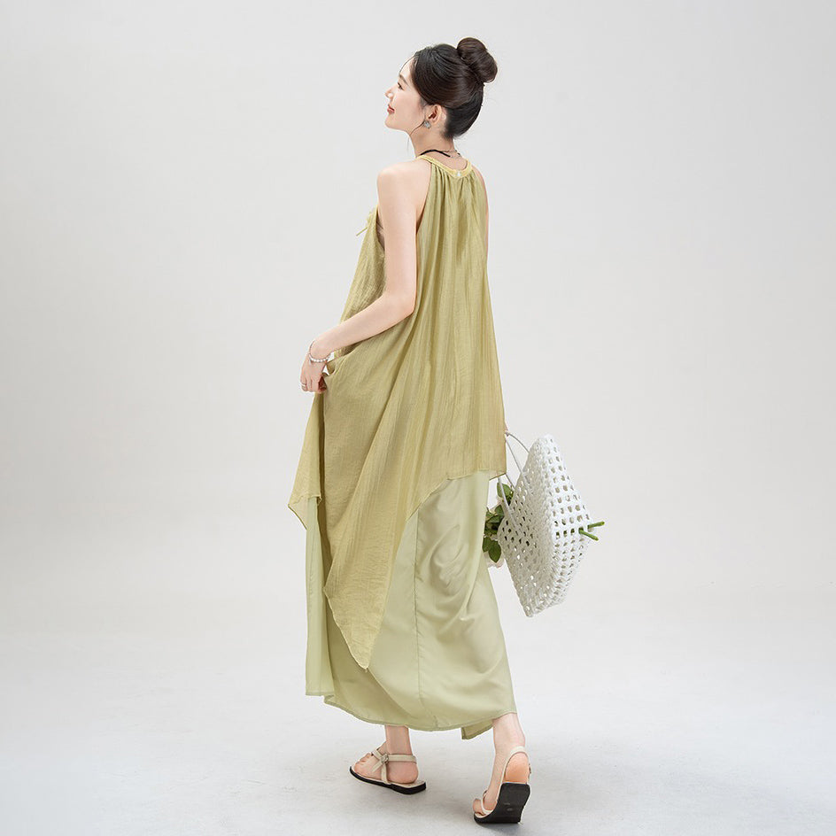 【ワンピース】夏新作 フレンチバカンス風 立体フラワー付き ハルターネック ノースリーブワンピース【SHシリーズ】