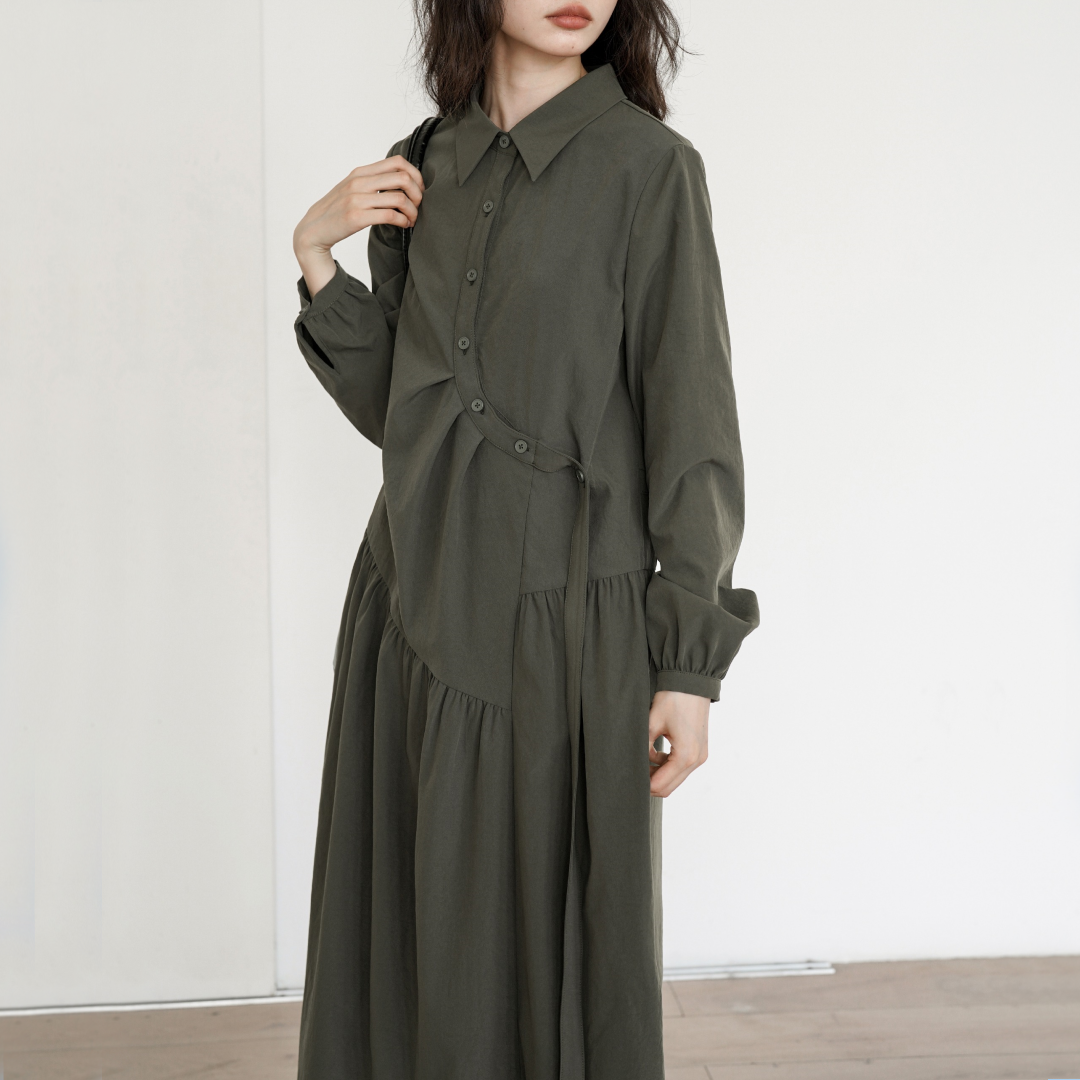 【24AW】【ワンピース】イレギュラー 立襟 長袖ワンピース