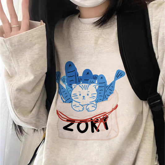 【トップス】猫柄 アメリカンレトロ   長袖Tシャツ レディース 春トレンド ゆるシルエット 高見え デザインカットソー 人気トップス【FCシリーズ】