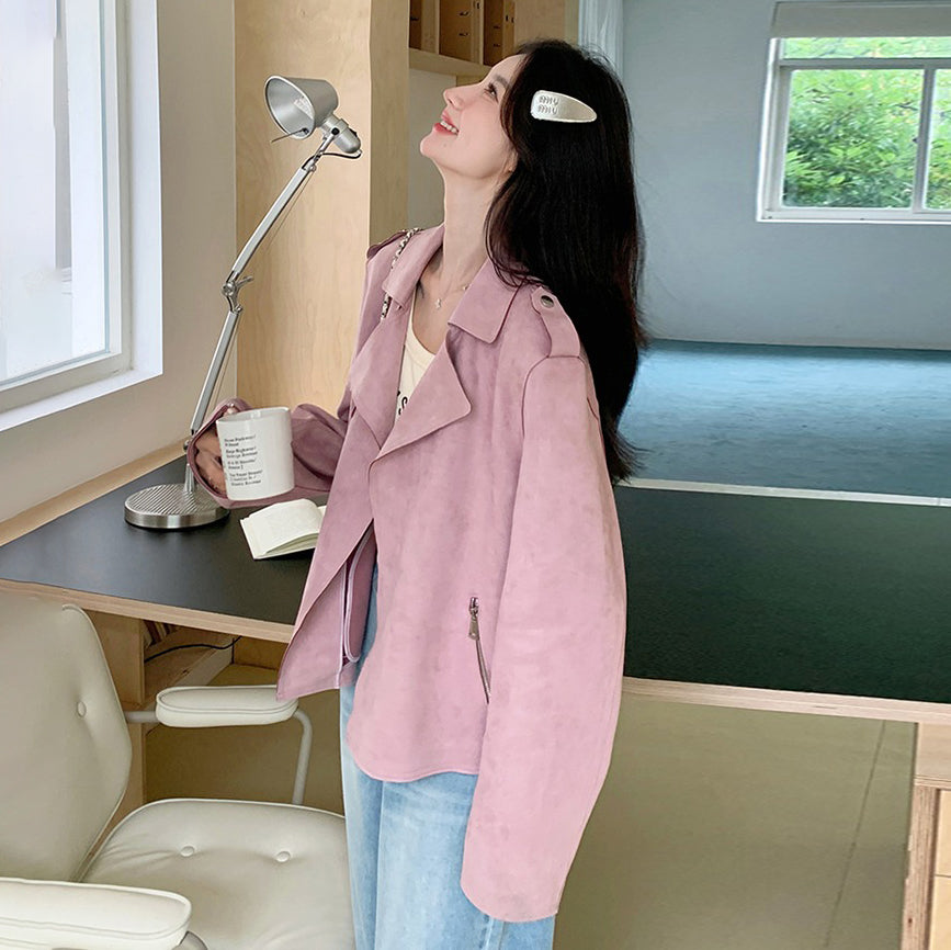 【アウター】可愛い 甘め若見えフェミニン スエード調ショートジャケット デザイン性 カジュアル 細見えアウター【JZシリーズ】