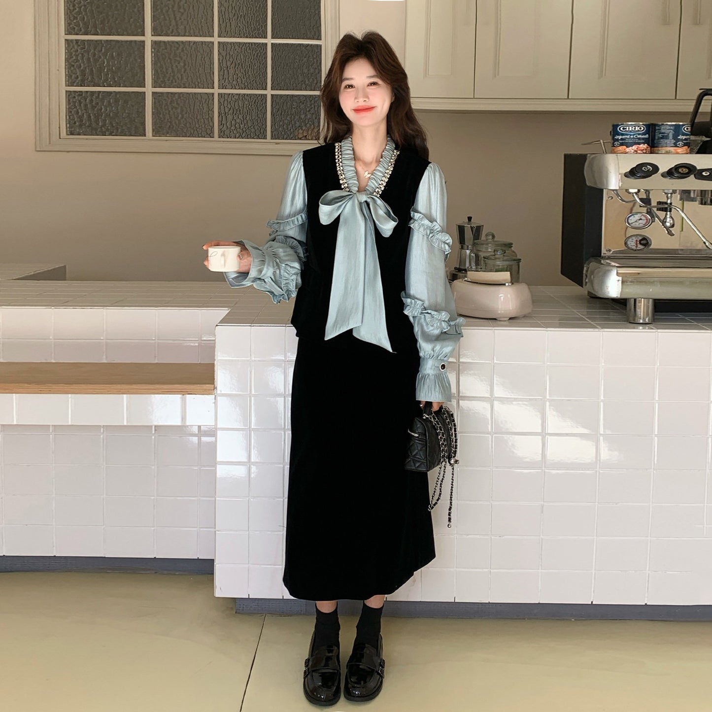 2点セット！【セットアップ】フレンチレトロ リボンブラウス＆スカート 上下セット 2026春新作 上品 レディース【JZシリーズ】