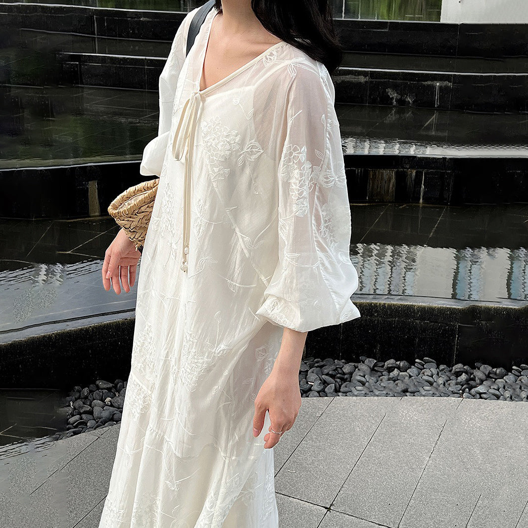 2点セット！【セットアップ】高級刺繍 チュールワンピース＋Vネック キャミワンピースセット 夏新作 バカンス風 ワンピース【JZシリーズ】