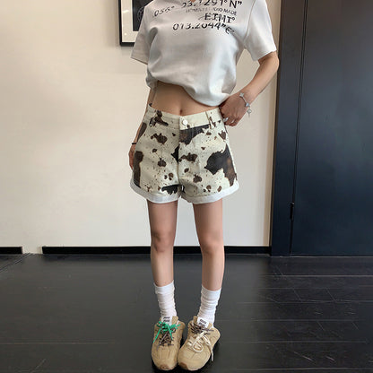 【ボトムス】ヴィンテージ風 カウ柄デザイン 刺繍ショートパンツ ダメージ加工  ルーズ【FCシリーズ】