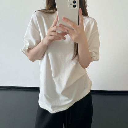 【トップス】ホワイト ニットデザイン 半袖Tシャツ ゆったりシルエット 着痩せ シンプル カジュアル トップス【FCシリーズ】