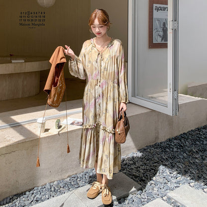 【セットアップ】ボヘミアン風 レイヤード 花柄刺繍レース ベスト＋レトロ 長袖ワンピース レディース 秋新作【SHシリーズ】