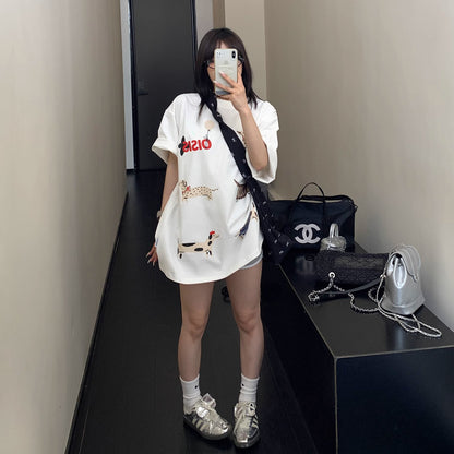 【トップス】【10～15日内発送】夏新作 個性派デザイン 綿100％ おしゃれ犬プリント 半袖Tシャツ【FCシリーズ】