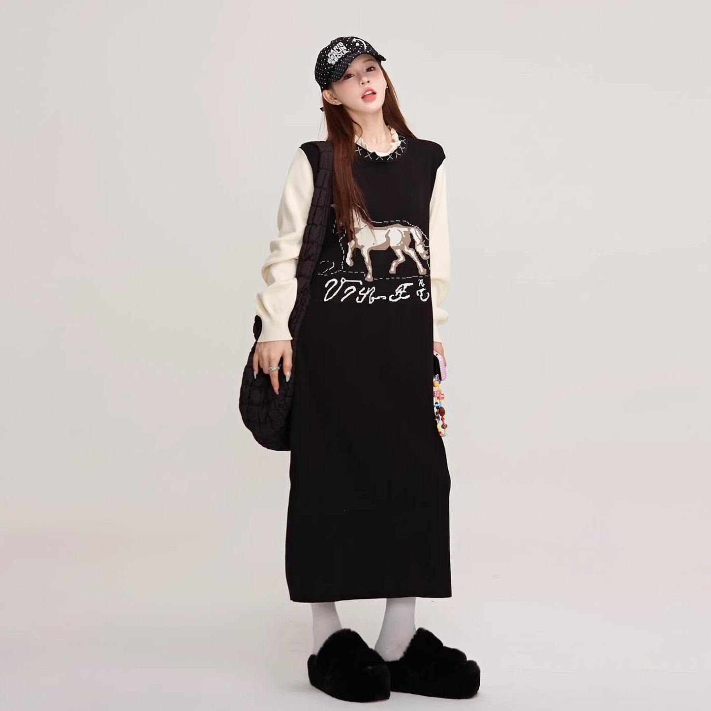 【ワンピース】✨配色デザイン♡ツーピース風ニット長袖ワンピース 冬 レディース 上品＆高見え【JZシリーズ】