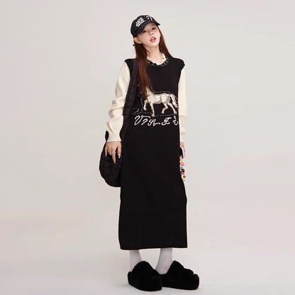 【ワンピース】✨配色デザイン♡ツーピース風ニット長袖ワンピース 冬 レディース 上品＆高見え【JZシリーズ】