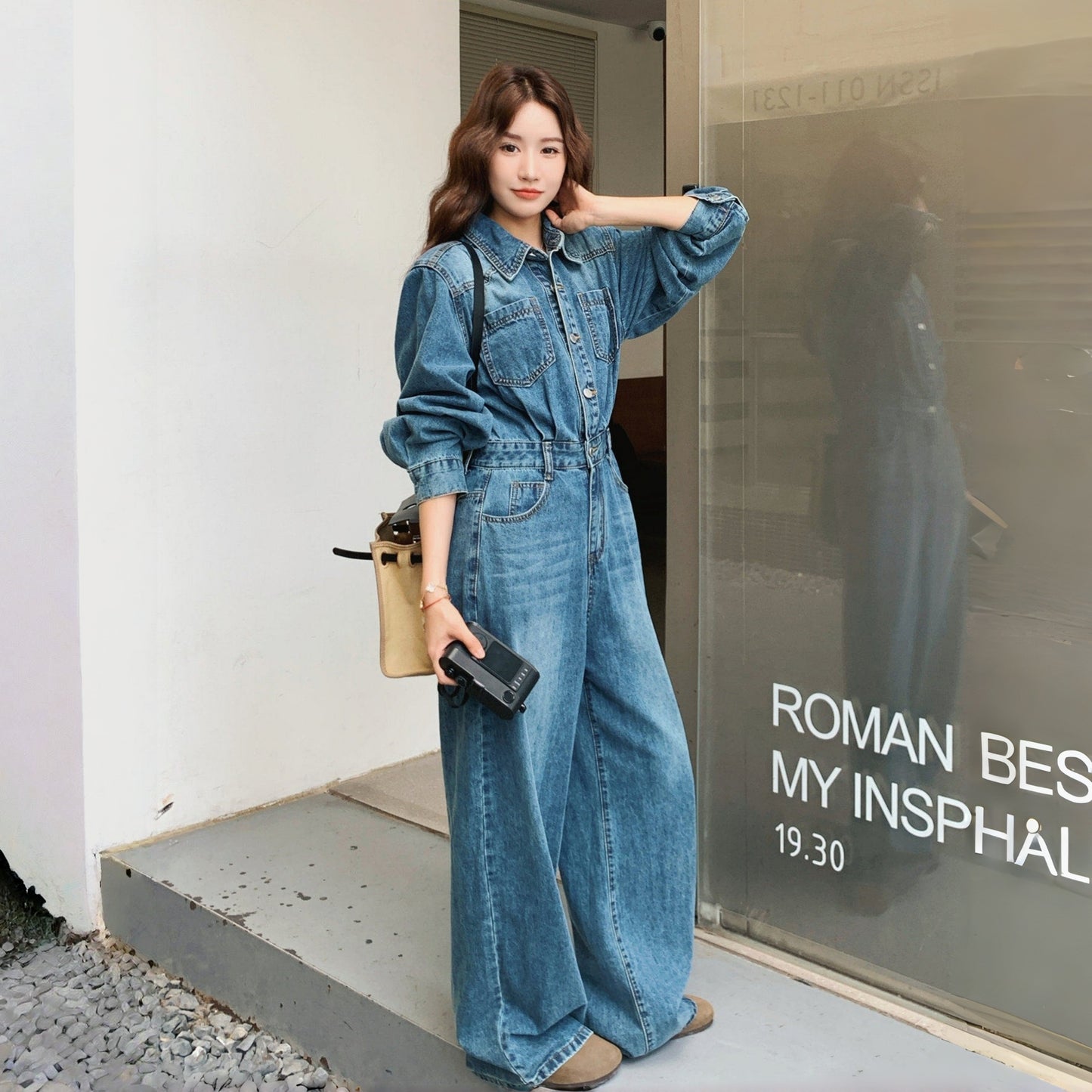 【セットアップ】レトロ 韓国風 ハイウエスト デニム 着痩せ オールインワン【JZシリーズ】