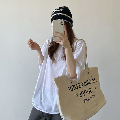 【トップス】ロゴプリント半袖Tシャツ レディース オーバーサイズ 裾フリンジ クルーネック リラックス【FCシリーズ】