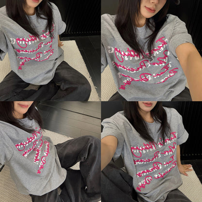 【トップス】ストリート系 ヴィンテージ加工 立体ロゴ刺繍Tシャツ 夏 レディース ルーズフィット 半袖【FCシリーズ】