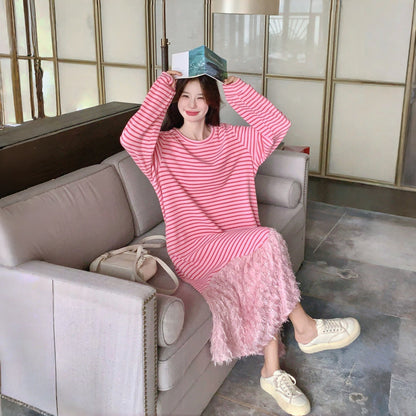 【ワンピース】カジュアル 若見え ストライプ マーメイドシルエット 着痩せ 長袖ワンピース【JZシリーズ】