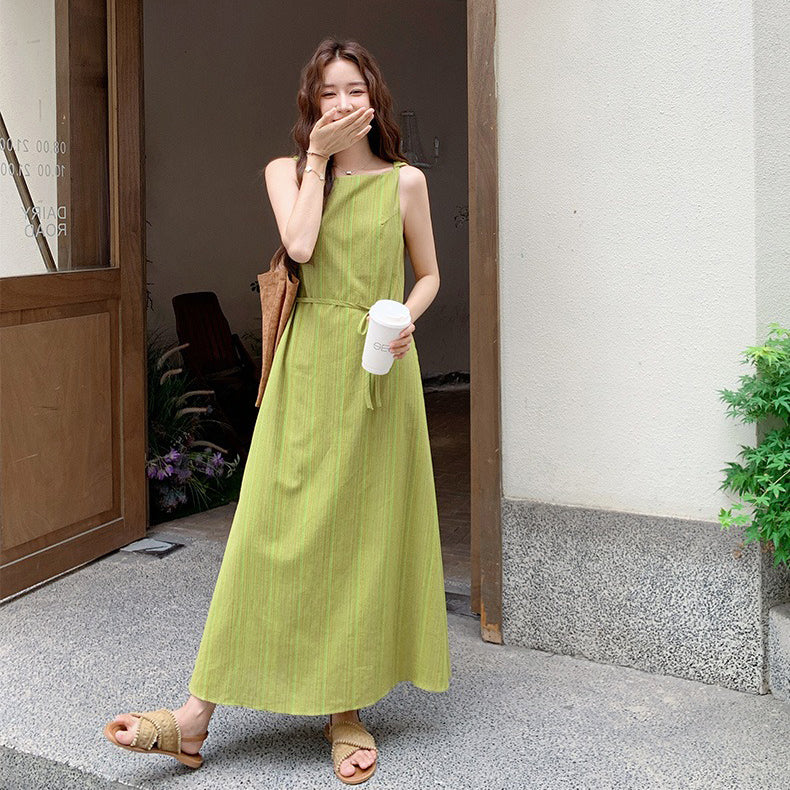 【未使用】オリーブグリーン ストライプ ノースリーブ ドレス ワンピース】ライムグリーン ストライプ 配色 ノースリーブ