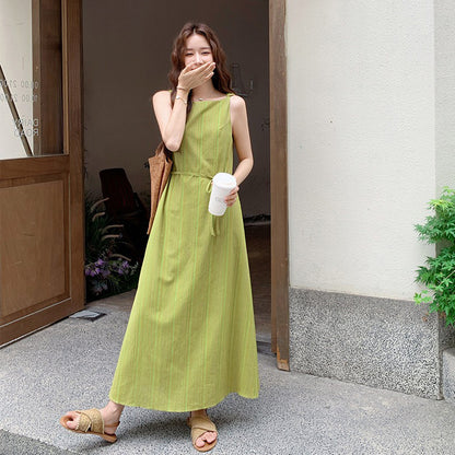 【ワンピース】ライムグリーン ストライプ 配色 ノースリーブキャミワンピース ウエストマーク マキシ丈 夏【JZシリーズ】
