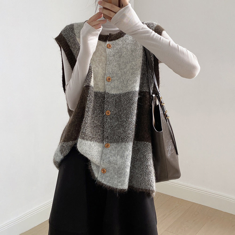 【トップス】レトロ 配色 チェック ニット ベスト レディース 秋 ゆったり クルーネック セーター【JZシリーズ】