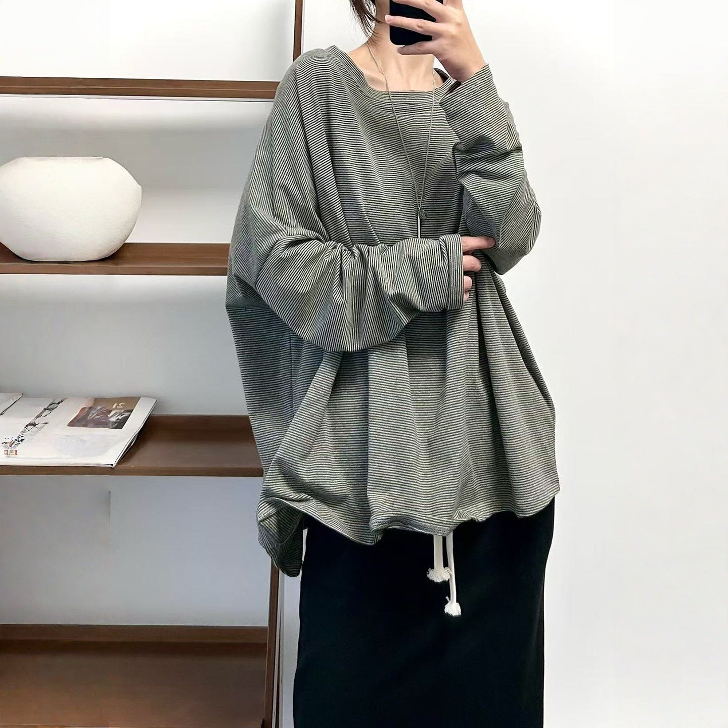 【トップス】クラシック 細ボーダー オーバーサイズ 長袖Tシャツ 【FCシリーズ】