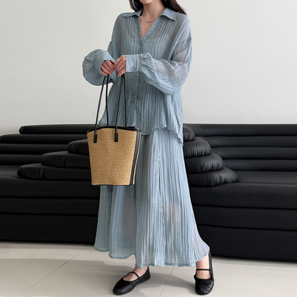 2点セット！【セットアップ】春新作 レディース プリーツシャツジャケット＋ロングスカート セットアップ ラフスタイル カジュアル 2点上下セット【JZシリーズ】